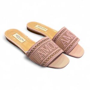 Arteana Roma Logo Embroidered Pink Leather Sandals Slide Flats NWT